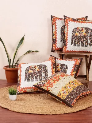Badmeri Hathi Print Cotton Cushion Cover