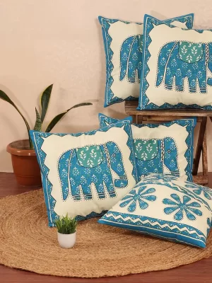Veda Cream Hathi Print Cotton Cushion Covers