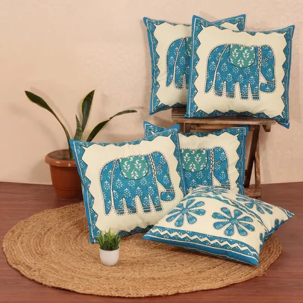 Veda Cream Hathi Print Cotton Cushion Covers