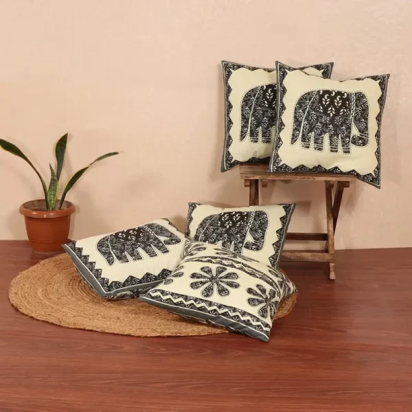 Veda Cream Hathi Print Cotton Cushion Covers