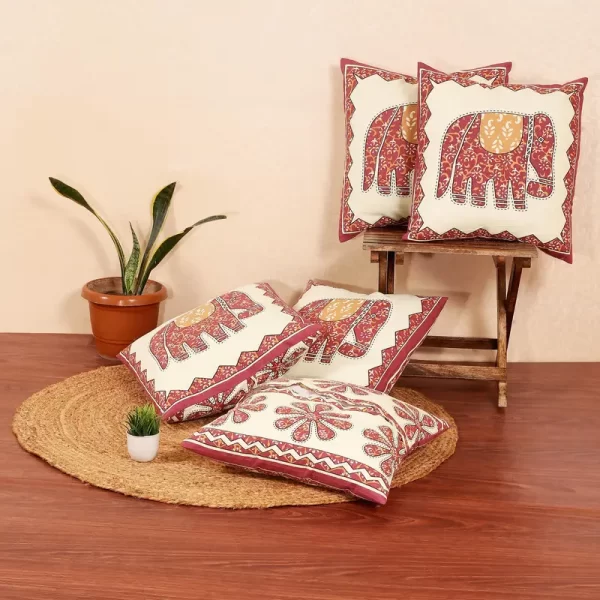 Veda Cream Hathi Print Cotton Cushion Covers