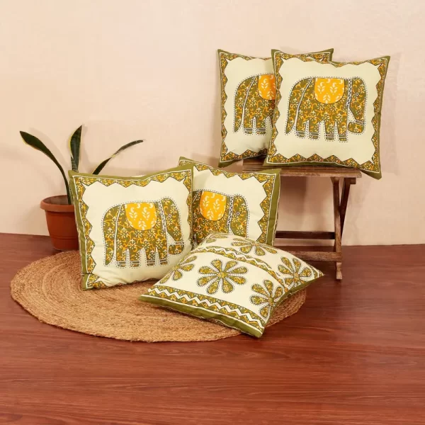 Veda Cream Hathi Print Cotton Cushion Covers